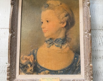 Young Girl with Cat", labeled as a "Genuine Fiehl Reproduction" of a famous masterpiece| Collectable