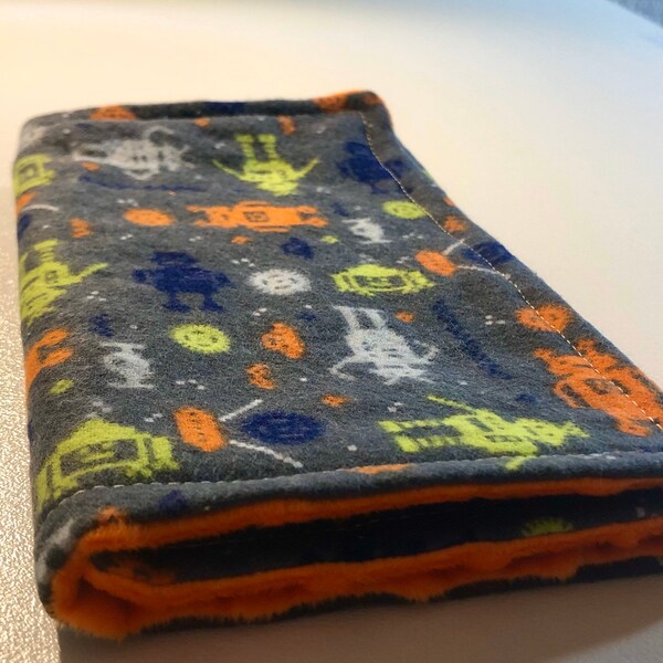 Luxury Baby Boy Burp Cloth and Lovey  -  Orange, Lime Green, Grey & Blue Robots - with Minky Dot