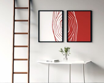 Red White Abstract Line Art Print Set: Modern Diptych (Instant Download)