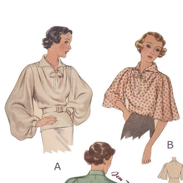 1930s bishop sleeve blouse - vintage sewing pattern - 30s - pdf digital download