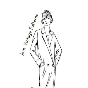 May include: A black and white illustration of a woman in a long coat and hat, with the text "Jem Vintage Patterns." The coat has a double-breasted design with two buttons and pockets. The woman is wearing shoes with a strap.