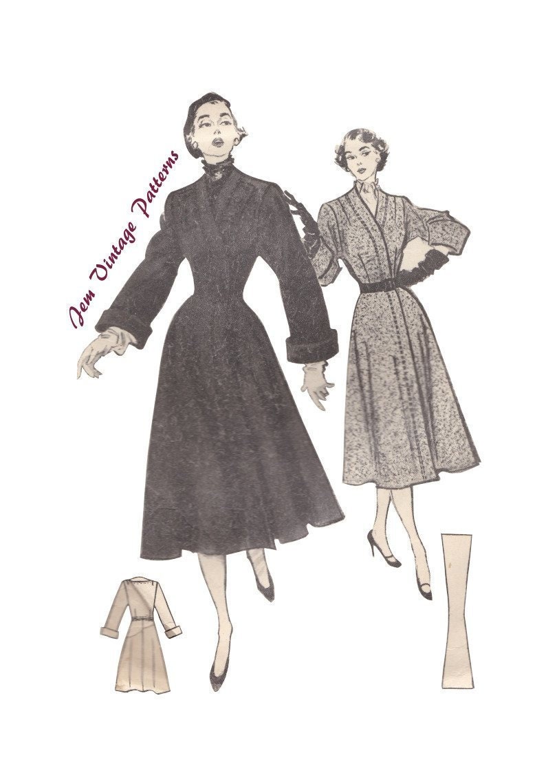 May include: Vintage sewing pattern illustration featuring two women wearing coats. The woman on the left is wearing a black coat with fur trim and the woman on the right is wearing a gray coat with a belt. The pattern includes instructions for making both coats.