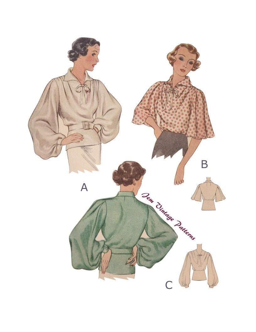 1930s bishop sleeve blouse - vintage sewing pattern - 30s - pdf digital download