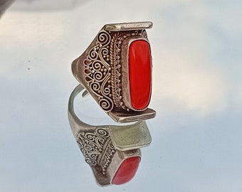Vintage Coral Sterling Silver Ring: Bali Design Adjustable Band