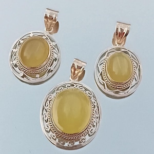 Vintage Sterling Silver Milky Yellow Agate Pendant - Natural Yellow Agate Pendant + Free Gift!!