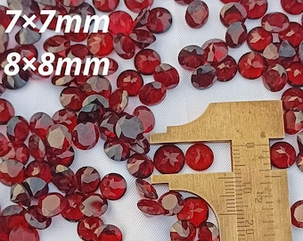 Natural Red Garnet Stone: Faceted Round Diamond Cut (7x7mm & 8x8mm)