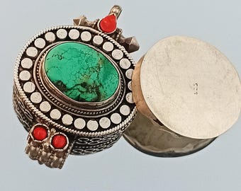 Vintage Tibet Türkis Koralle Prayer Box Anhänger: Filigrane 925 Sterling Silber Amulett Halskette
