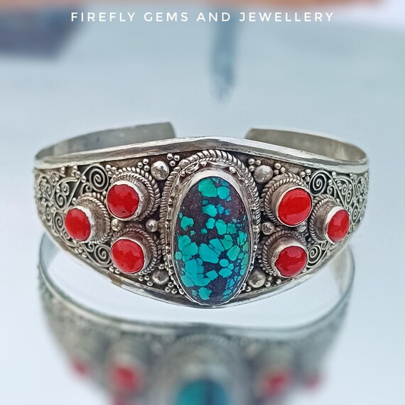 Vintage Navajo Turquoise Coral Cuff Bracelet, Sterling Silver Boho