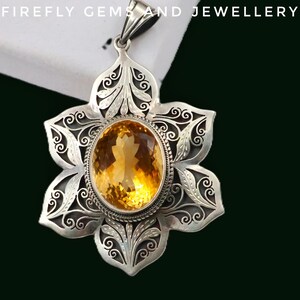 Sterling Silver Citrine Flower Pendant: Filigree Design