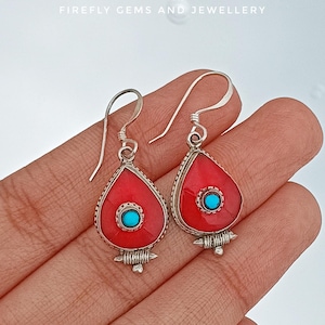 Red Coral Turquoise Sterling Silver Earrings: Boho Dangle Jewelry