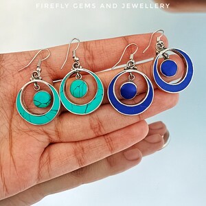 Turquoise and lapis lazuli silver dangly earrings for mom natural gemstone earrings gift for wife blue dangle earrings unique design earring