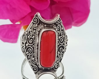 Anel vintage com pedra preciosa de coral: filigrana feita à mão em prata esterlina 925 com design balinês