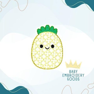 May include: Embroidered pineapple with a smiling face, in yellow and green, with the text "BABY EMBROIDERY GOODS" below.