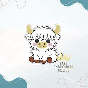 May include: An embroidered patch featuring a cartoon yak with white fur, brown hooves, and yellow horns. The yak has a smiling face with black eyes and pink cheeks. The patch is outlined with a white stitch and includes the text "BABY EMBROIDERY GOODS".