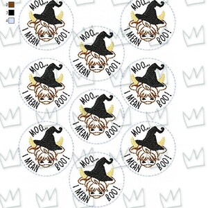 May include: Nine circular designs featuring a cartoon cow wearing a witch's hat and the text "MOO... I MEAN BOO!" in a white circle with a blue dotted border.