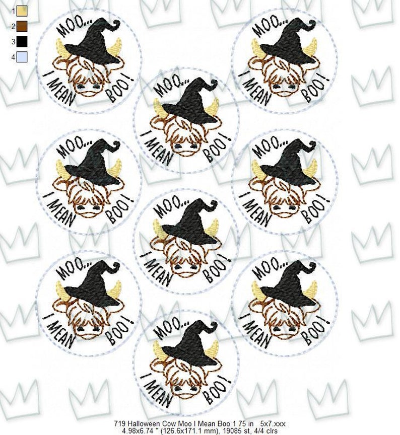 May include: Nine circular designs featuring a cartoon cow wearing a witch's hat and the text "MOO... I MEAN BOO!" in a white circle with a blue dotted border.