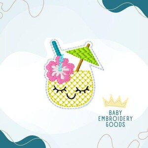 May include: Embroidered patch of a yellow pineapple with a pink hibiscus flower and a green umbrella. The pineapple has a smiling face with closed eyes.