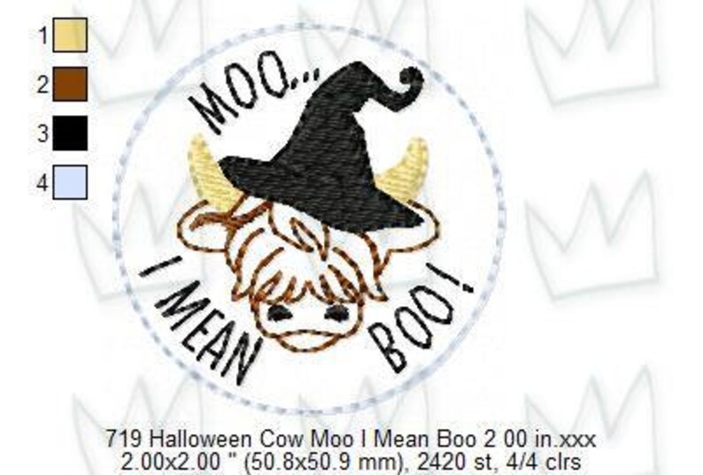 May include: A white circle with a black outline contains a cartoon cow wearing a black witch hat. The cow has brown eyes and a brown nose. The text "MOO... I MEAN BOO!" is written around the cow in a black cursive font.