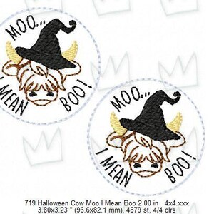 May include: Two embroidered patches featuring a cartoon cow wearing a witch's hat. The cow is brown and white with a yellow nose and hooves. The text on the patches reads "Moo... I Mean Boo!"