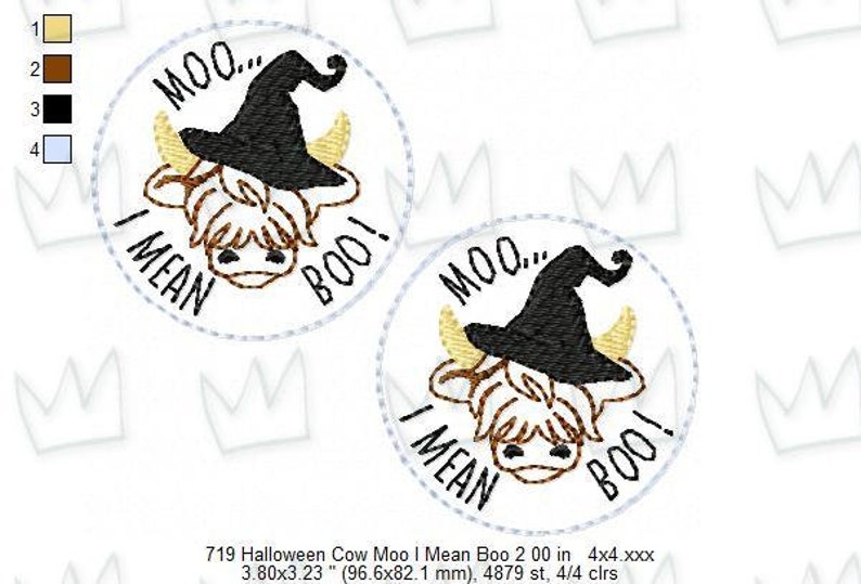 May include: Two embroidered patches featuring a cartoon cow wearing a witch's hat. The cow is brown and white with a yellow nose and hooves. The text on the patches reads "Moo... I Mean Boo!"