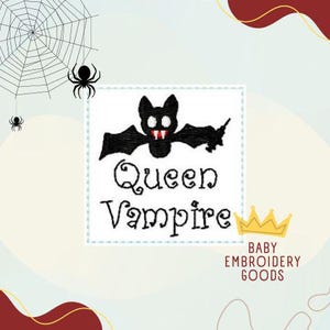May include: Black and white embroidered patch featuring a bat and the text "Queen Vampire".