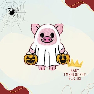 May include: A pink pig wearing a ghost costume and carrying two orange jack-o'-lantern buckets.  The image includes the text "BABY EMBROIDERY GOODS".