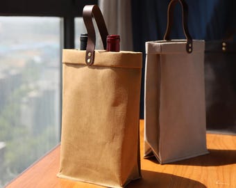 Washed Kraft Paper Wine Bag, Vintage Double Bottle Tote, Leather Handle Wine Carrier