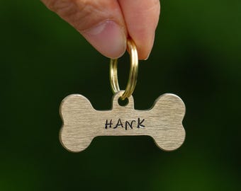 Hand Stamped Solid Brass Pet ID Tag: Bone Design, Custom Dog Cat Tag