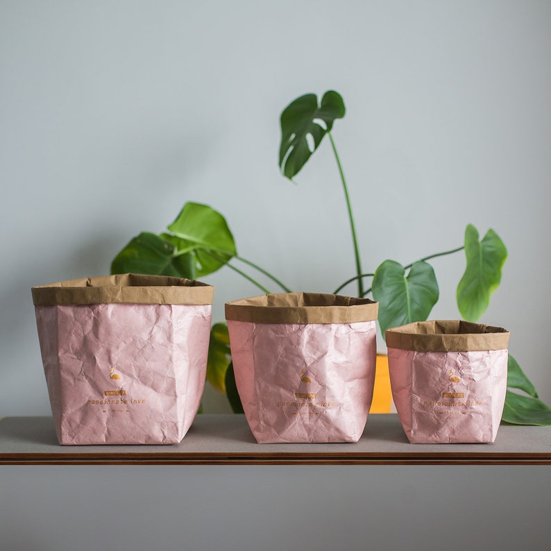 May include: Three pink paper bags with brown tops, in different sizes, with gold lettering that reads "Plant the Love" and "Grow with Grace".