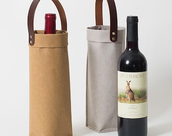 Washed Kraft Paper Wine Bag, Vintage Single Bottle Tote, Leather Handle Carrier