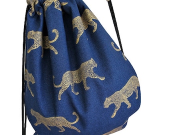 Veganistische luipaard jungle dieren tropische panter katoenblauwe en gouden tas met trekkoord rugzak gymtas cinch rugzak