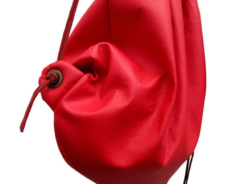 Red Vegan Faux Leather Leatherette Drawstring Bag Backpack Gym Sack
