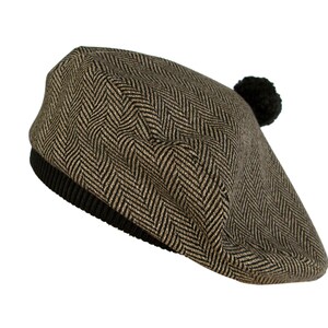 Vegan Faux Wool Black Beige Herringbone Pom Pom Beret