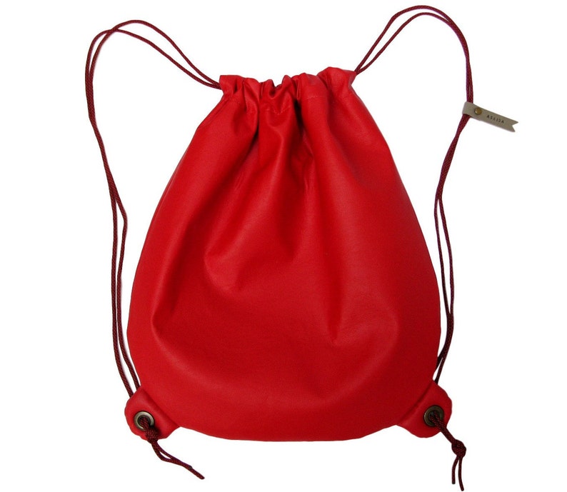 Red Vegan Faux Leather Leatherette Drawstring Bag Backpack Gym Sack
