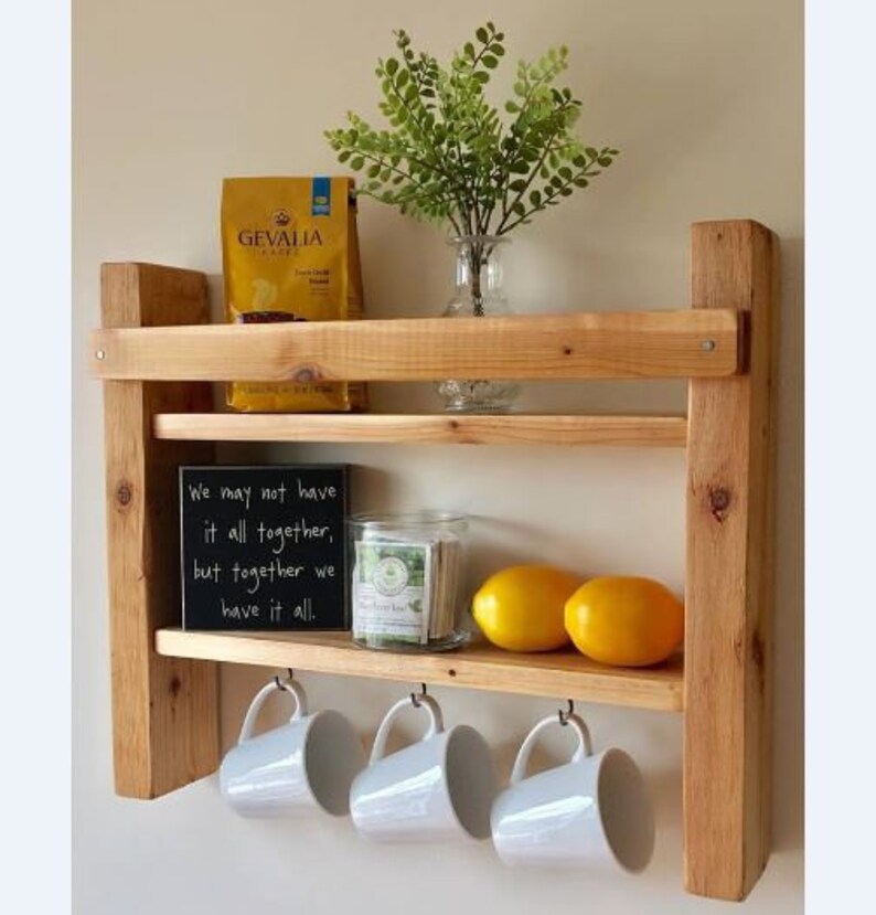 Coffee Mug Rack Wall Mounted Holder With Shelves Farmhouse Bar Organizer Custom