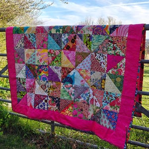 Handmade Floral Patchwork Quilt/ Blanket, Geometric Triangle Sofa Throw, Colourful Cotton Bedding, Quilted Bedspread