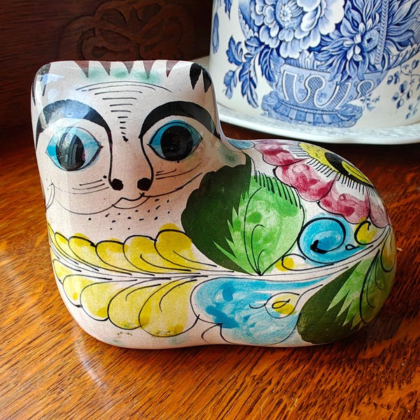 Vintage Hand-Painted Tonala Mexico Pottery Cat Figurine, Folk Art Home Decor, Cat Lover Gift