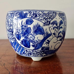 Vintage Japanese Blue and White Porcelain Miniature Hibachi Brazier Planter with Rabbit