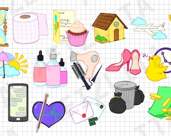May include: A set of 20 colorful cartoon illustrations, including a house, a cupcake, a toilet paper roll, a hair dryer, a trash can, a scale, a baby bottle, a rubber duck, a lipstick, a heart with a thermometer, a letter, a sun, an umbrella, a glass of milk, an apple, a roll of money, a phone, a clock, a pair of high heels, a plane, a dog leash, and an hourglass.