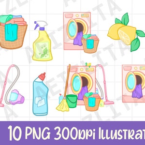 10 ilustracji clipartów dotyczących prowadzenia domu - Obrazy PNG - Do druku/Naklejki/Kawaii/Ładne/Wiosenne porządki/Cytrynowa świeżość/Pastelowa estetyka/Obowiązki domowe