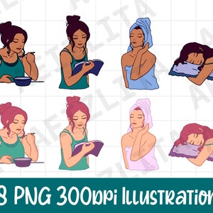 8 Female Character Clip Art Illustrations - PNG Images - Printable/Stickers/Poses/Actions/Skin Tones/Woman/Sleeping/Reading/Eating/Person