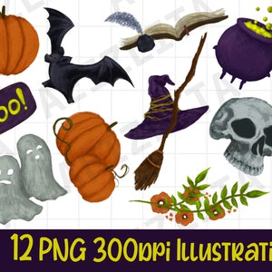12 Halloween Chalky Clip Art Illustrations - PNG Images - Printable/Elements/Spooky/October/Trick or Treat/Skull/Bats/Ghosts/Pumpkins/Witch