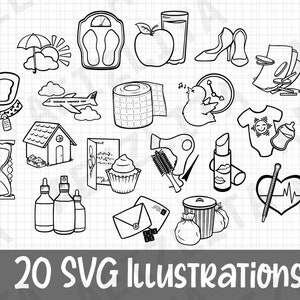 20 私の日々のラインアート - SVG/ベクターファイル - 印刷/デザインアセット/イラスト/アイコン/シンボル/一般/日常/健康/ファッション/旅行/食べ物/請求書