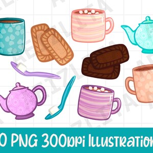 10 Tea Time Clip Art Illustrations - PNG Images - Printables/Stickers/Kawaii/Pretty/Afternoon Break/Coffee/Hot Chocolate/Biscuits/Kettle