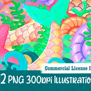 12 Zeemeermin Clip Art illustraties - PNG-afbeeldingen - COMMERCIËLE LICENTIE - Zeemeermin staart/schelpen/Fantasie/Girly/Kawaii/Schalen/Kantpatroon/roze