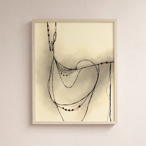 Puede incluir: Impresión de arte abstracto con líneas negras y puntos rojos sobre un fondo crema. Las líneas están dispuestas en forma de curva, creando una sensación de movimiento y flujo.