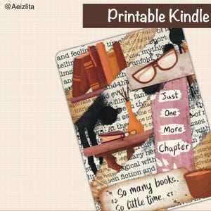 Puede incluir: Inserción imprimible para Kindle con un collage de imágenes con temática de libros, que incluye pilas de libros, gafas, una taza de café y el texto "Just One More Chapter".