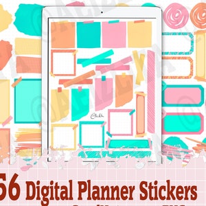 May include: 56 digital planner stickers in a variety of shapes and colours, including pink, blue, yellow, and orange. The stickers are pre-cropped for use in GoodNotes and come in a PNG folder.