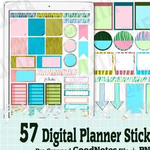 57 Digital Planner Stickers - GoodNotes/Journal/Diary - Paper/Labels/Washi Tape/Check Box/Notes - Pink/Green/Pastel/Dark/Kawaii/Pop/Teal