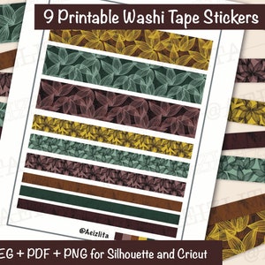 Könnte beinhalten: Neun bedruckbare Washi-Tape-Aufkleber mit einem floralen Muster in Grün-, Braun- und Goldtönen. Die Aufkleber sind für die Verwendung mit Silhouette- und Cricut-Schneidemaschinen konzipiert. Der Text "9 Printable Washi Tape Stickers" und "JPEG + PDF + PNG for Silhouette and Cricut" ist auf der Seite enthalten.
